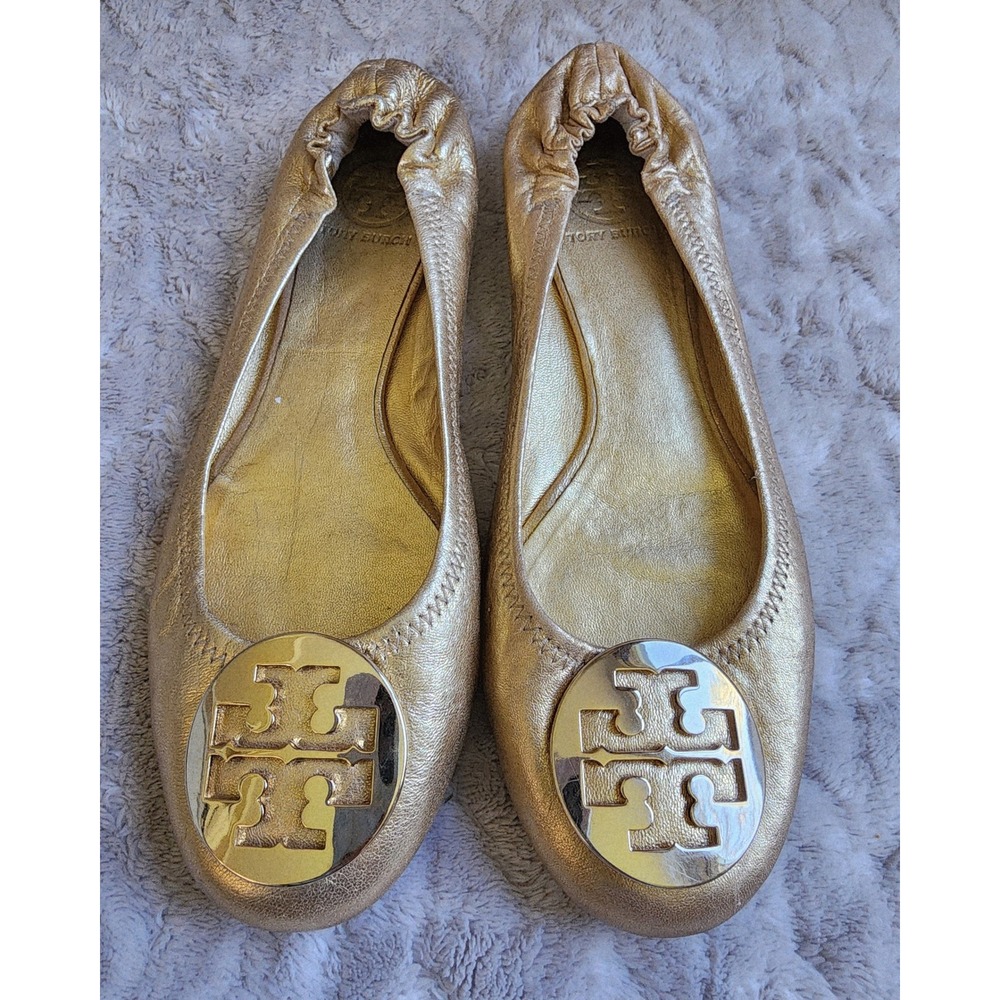Tory Burch Reva Metallic Gold Leather Ballet Flats Logo Medallion Size 9M